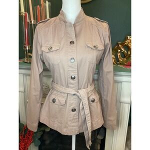 Finesse Women's Tan Utility Belted Jacket Size L Military Style Button Up